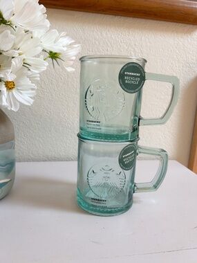 NWT 2 Starbucks San Miguel 100% Recycled Cold Drink Glass Mugs 12 Oz Spain RARE
